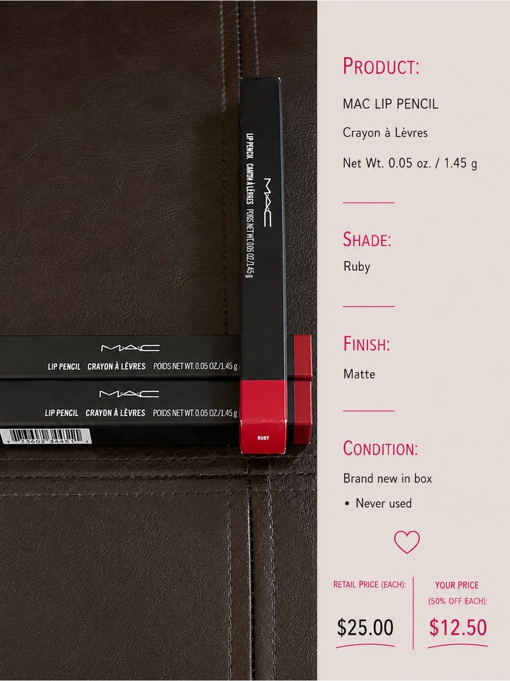 MAC Cosmetics Lip Pencil Ruby Matte $12 Each